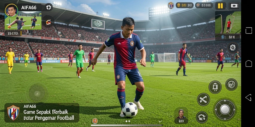 Screenshot utama AIFA66 menampilkan aksi seru di lapangan sepak bola.
