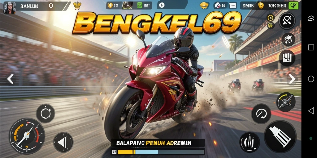 Gameplay BENGKEL69 dengan balapan motor yang seru.
