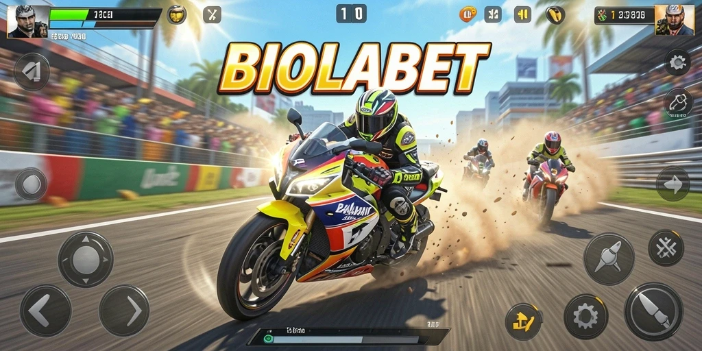 Tampilan gameplay <strong>BIOLABET</strong> yang penuh aksi balapan motor.