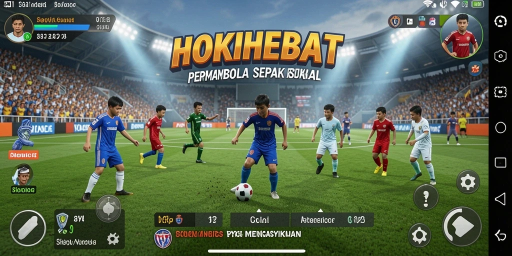 Tampilan gameplay seru HOKIHEBAT dengan aksi sepak bola intens.