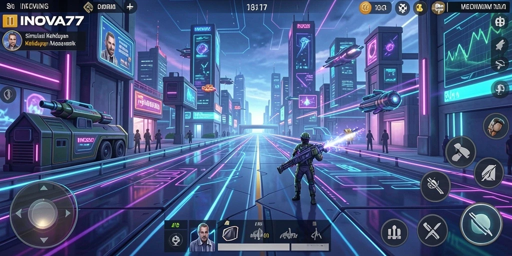Screenshot utama INOVA77 menunjukkan karakter dalam simulasi kehidupan futuristik yang dinamis.