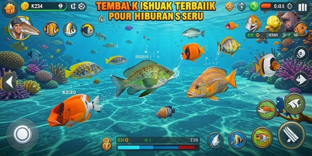 Screenshot gameplay K234 menampilkan aksi tembak ikan yang dinamis.