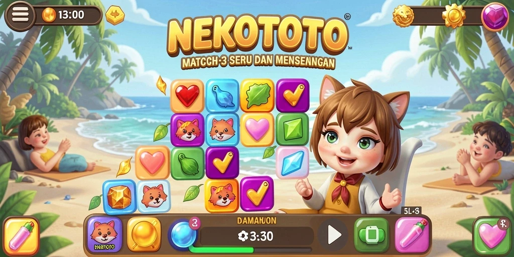 Tampilan gameplay NEKOTOTO dengan berbagai kue warna-warni.