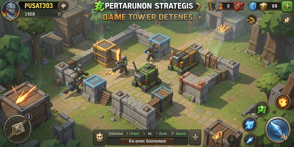 Gameplay PUSAT303 dengan menara pertahanan yang strategis.