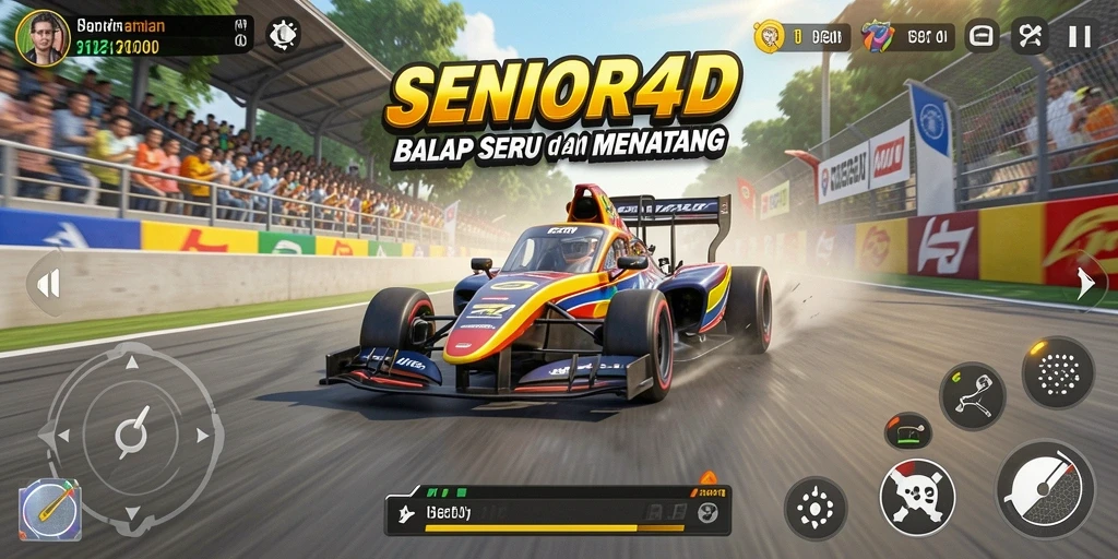 Tampilan gameplay balap mendebarkan di SENIOR4D dengan mobil berkecepatan tinggi.