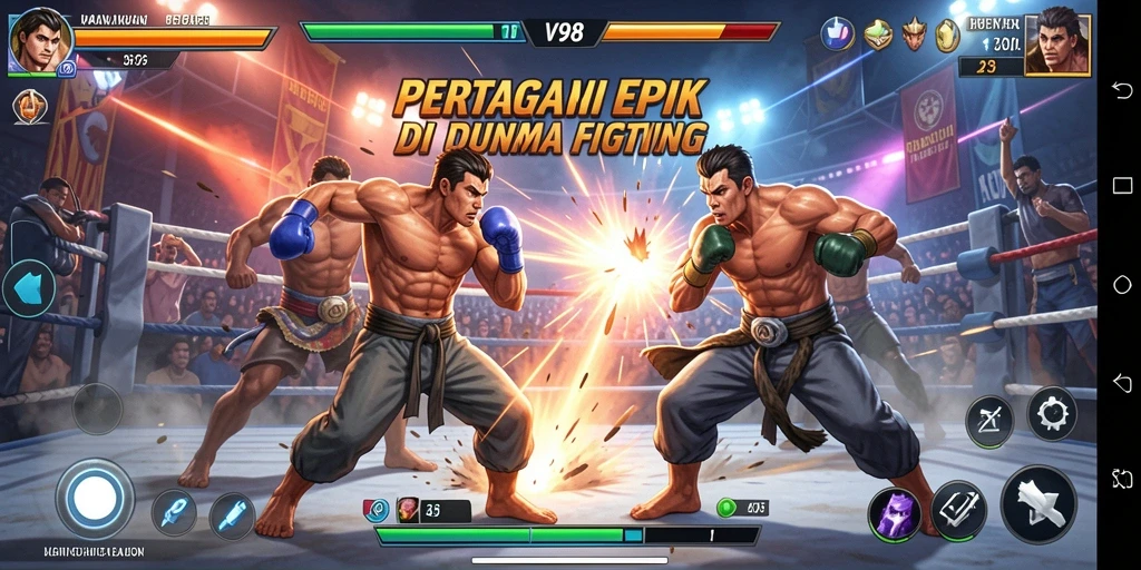 Screenshot gameplay V98 yang menunjukkan aksi pertarungan mendebarkan.